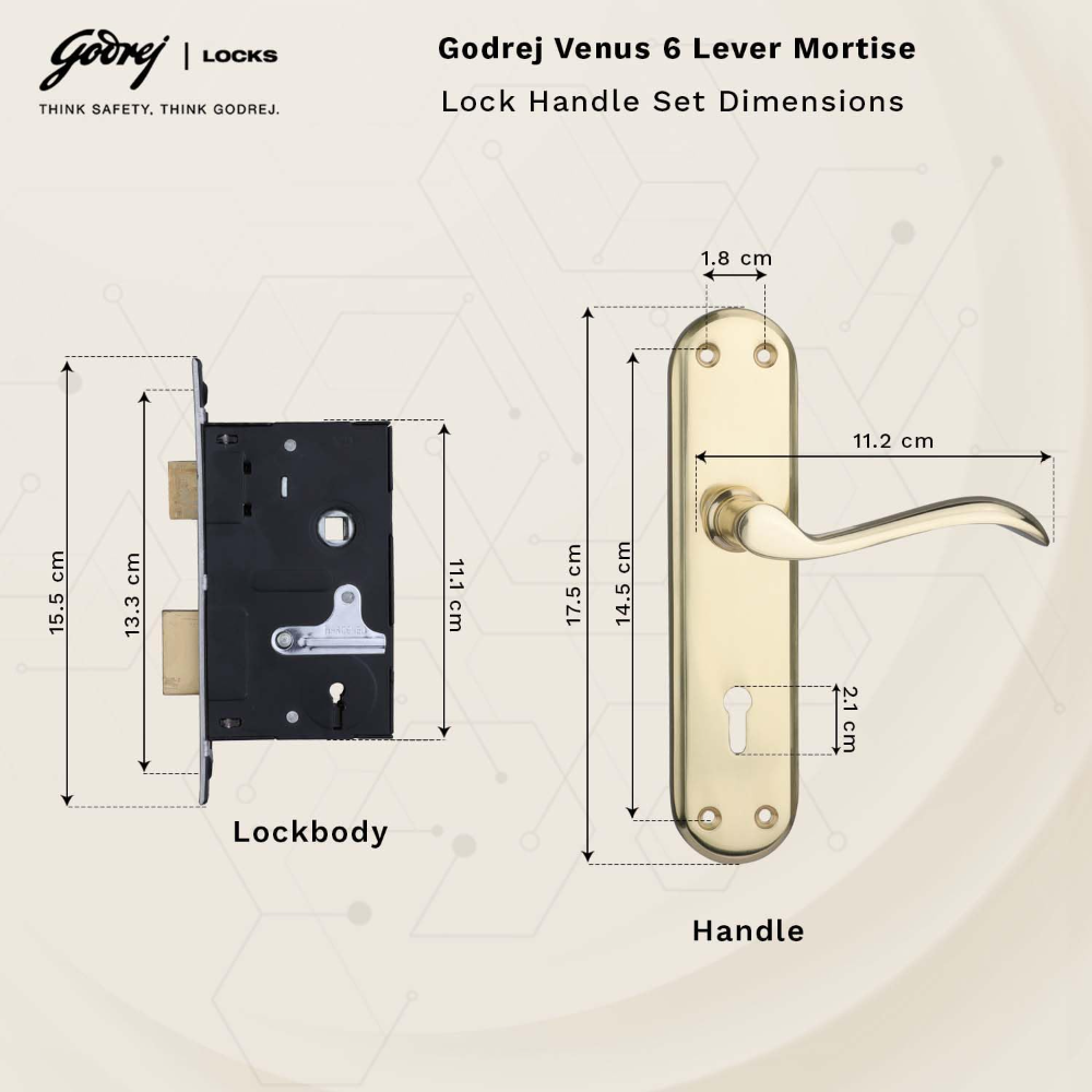 Godrej Mortise Door Lock Handle Set | 175mm Venus | 6-Lever Locking Mechanism | Reversible Latchbolt | Suitable for Left and Right Handed Doors Brass Finish| 5 YEARS WARRANTY